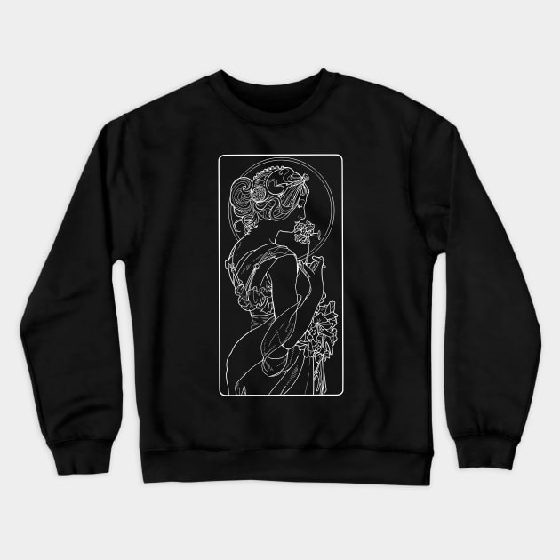 Alphonse Mucha Primevere White Neon Crewneck Sweatshirt by la chataigne qui vole ⭐⭐⭐⭐⭐